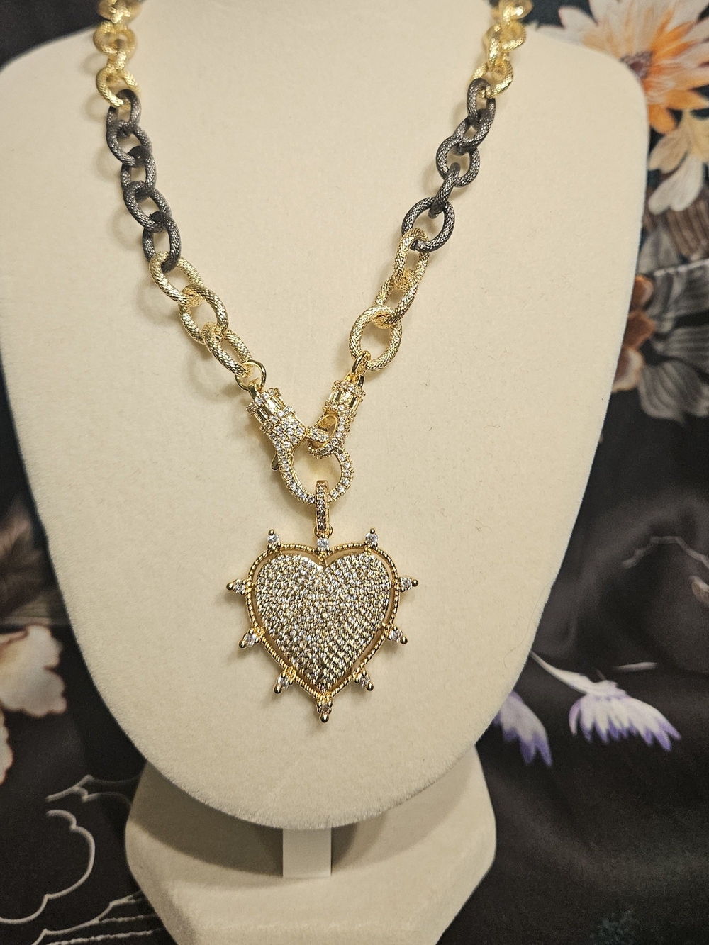 FR Vault Pave Heart Pendant Layered Chain Necklace in Gold and Black